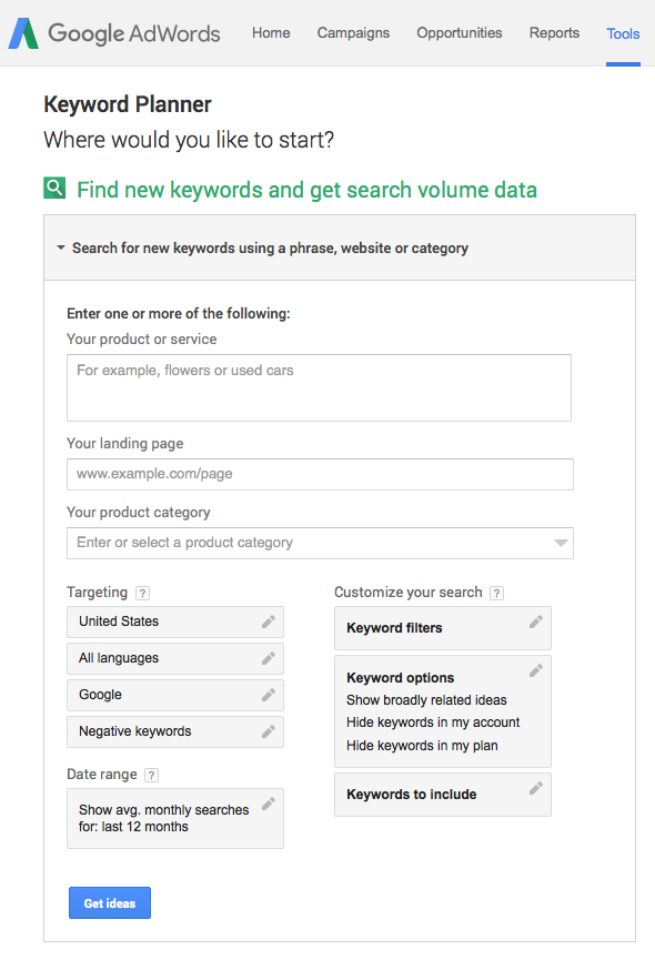 AdWords Keyword Tool screenshot